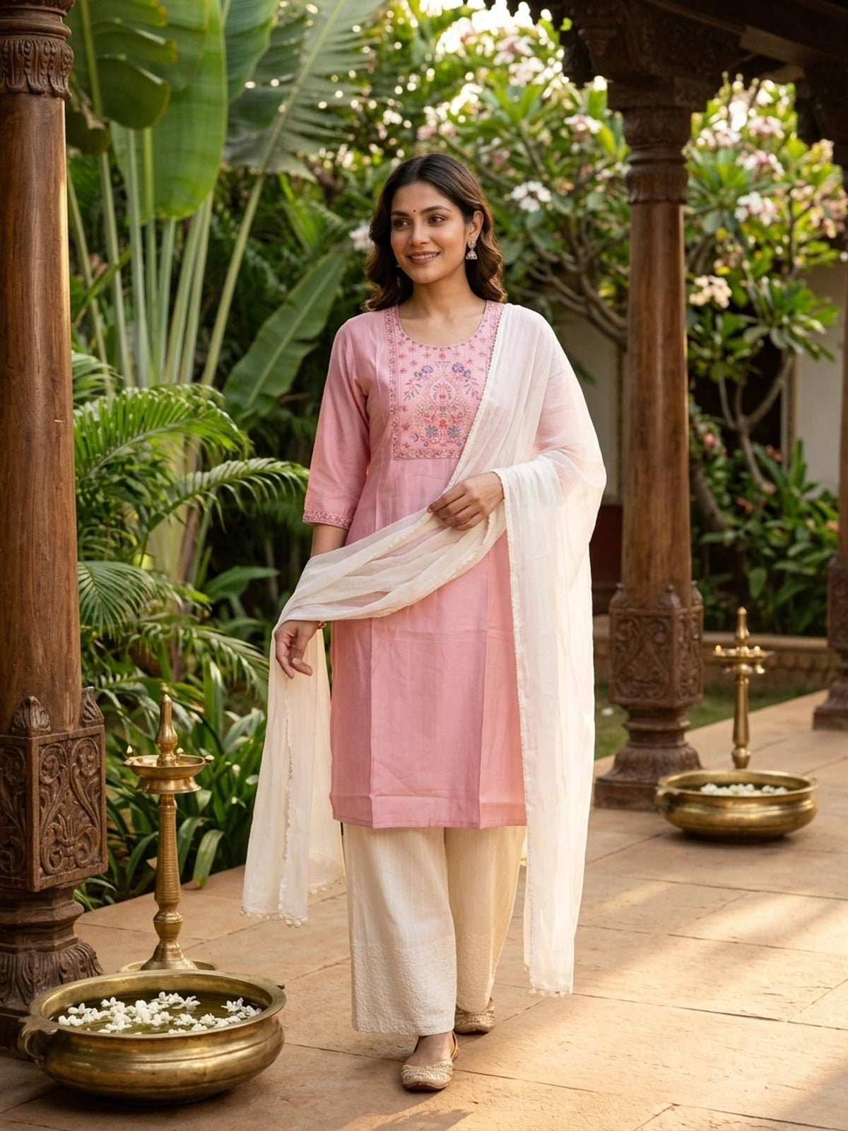 Rose Pink Floral Embroidered Chanderi Silk Anarkali Top