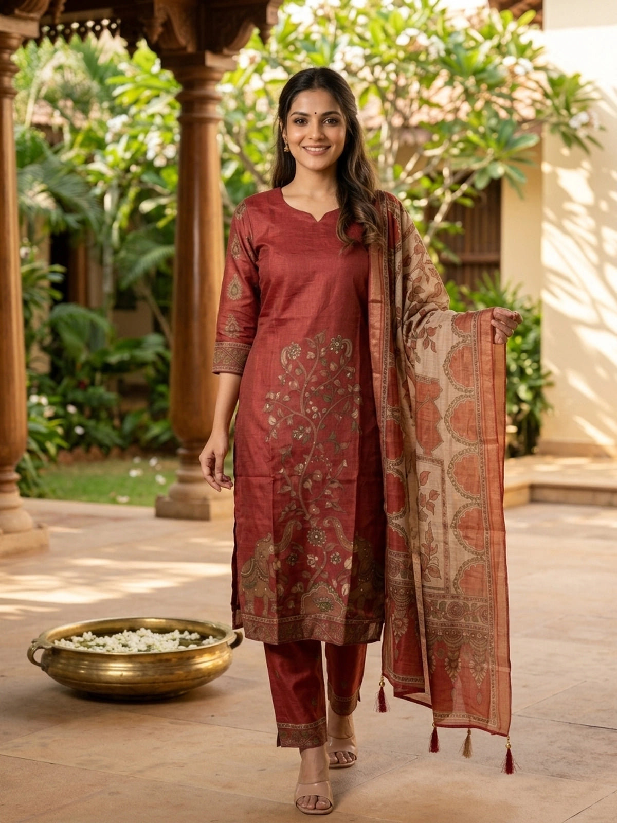 Maroon Kalamkari print art silk straight cut kurti set with contrast printed dupatta and matching pants