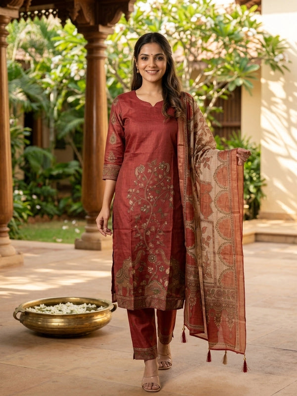 Maroon Kalamkari print art silk straight cut kurti set with contrast printed dupatta and matching pants