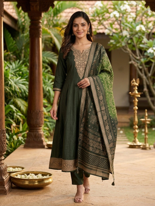 Bottle Green silk blend zari embroidered Anarkali kurti set with gold neckline and green gold dupatta