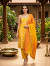 Mustard Yellow Zari Floral Woven Silk Straight Cut Kurti Set