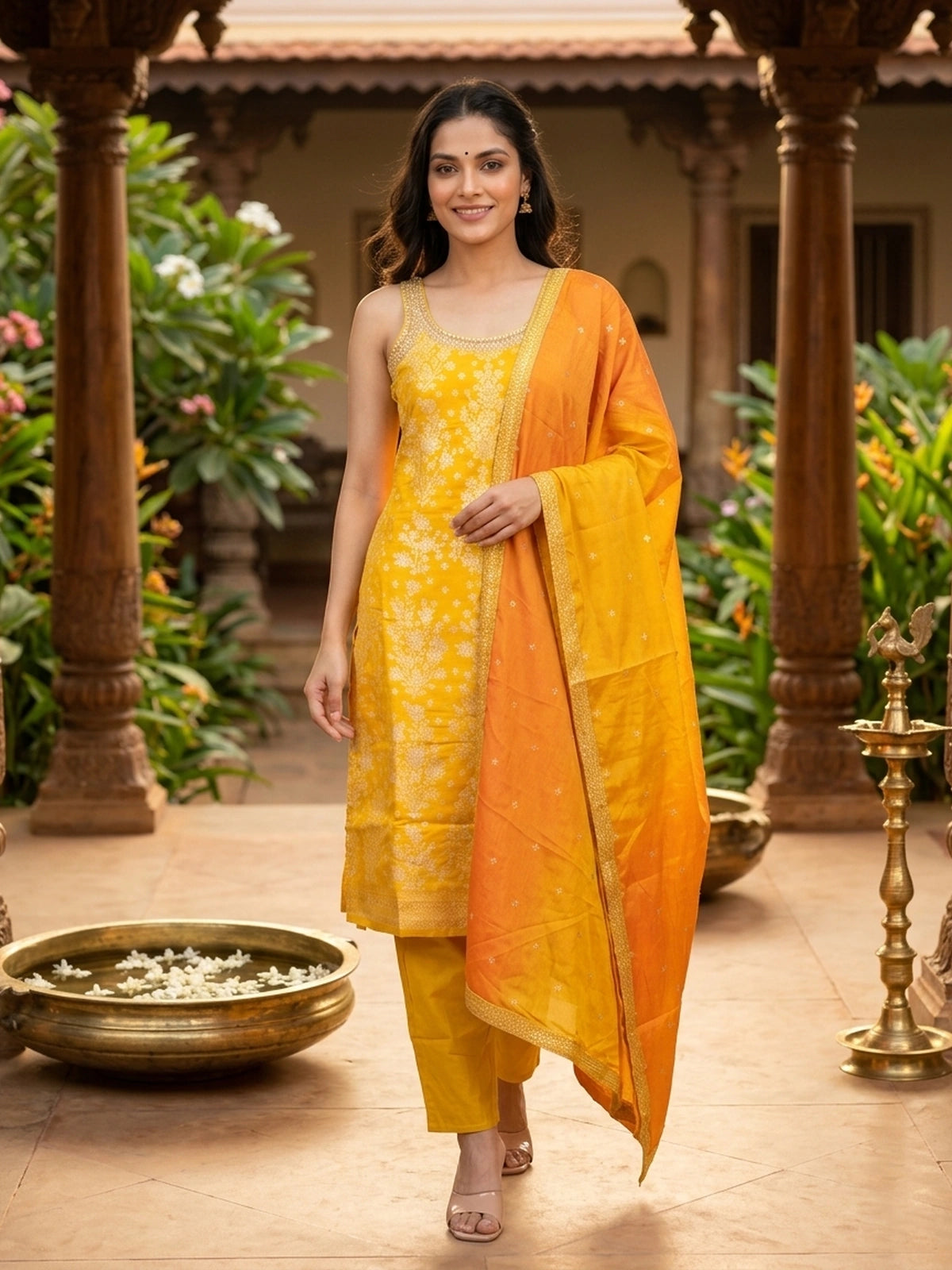 Mustard Yellow Zari Floral Woven Silk Straight Cut Kurti Set