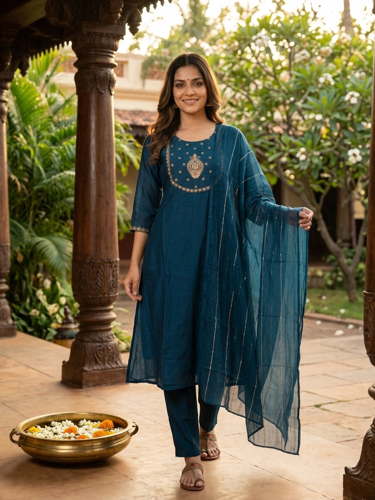 Teal Blue Zari Embroidered Art Silk Anarkali Kurti Set
