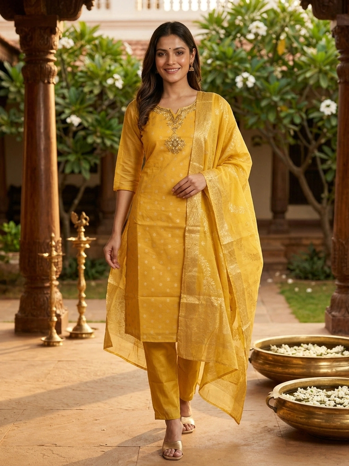 Yellow Chanderi Silk Zari Embroidered Straight Cut Kurti Set