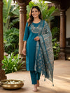 Teal Blue Zari Embroidered Straight Cut Kurti Set