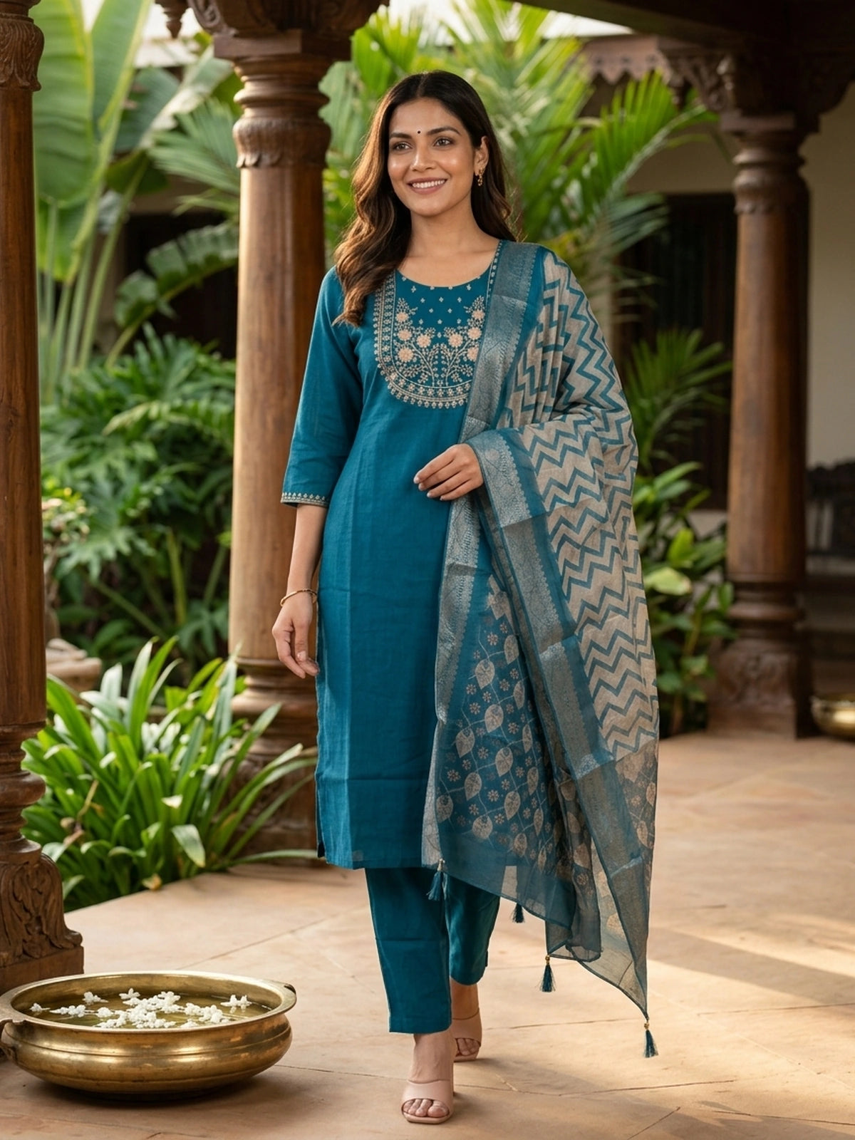 Teal Blue zari embroidered straight cut kurti set with printed dupatta and straight pants