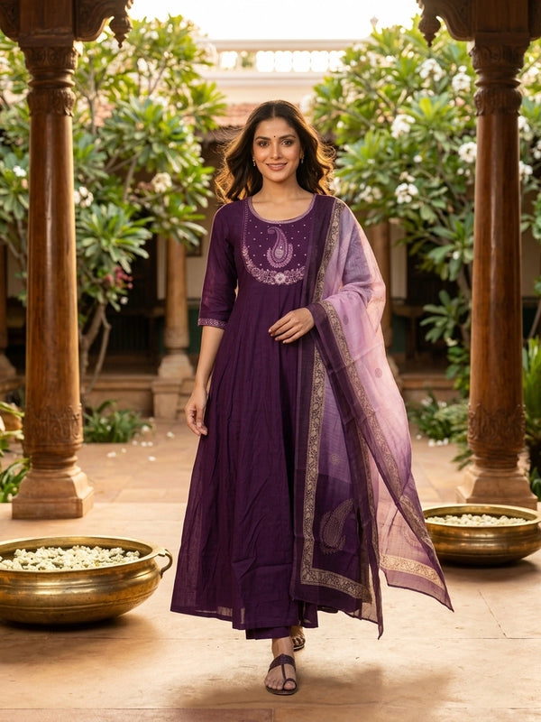 Purple sequin embroidered paisley Anarkali kurti set with ombre pink zari dupatta
