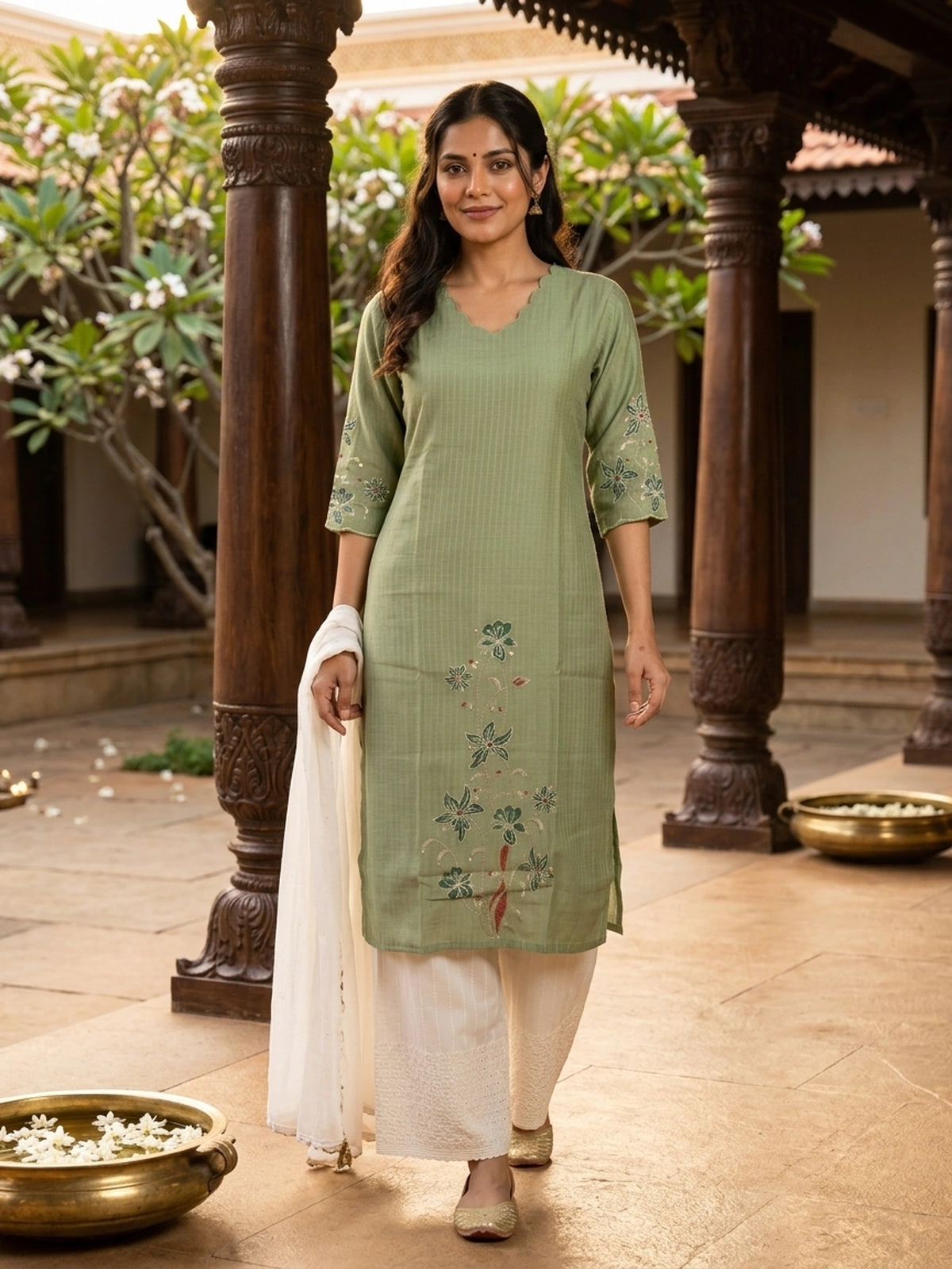 Sage Green floral embroidered cotton silk Anarkali kurti top with 3/4 sleeves and scalloped neckline