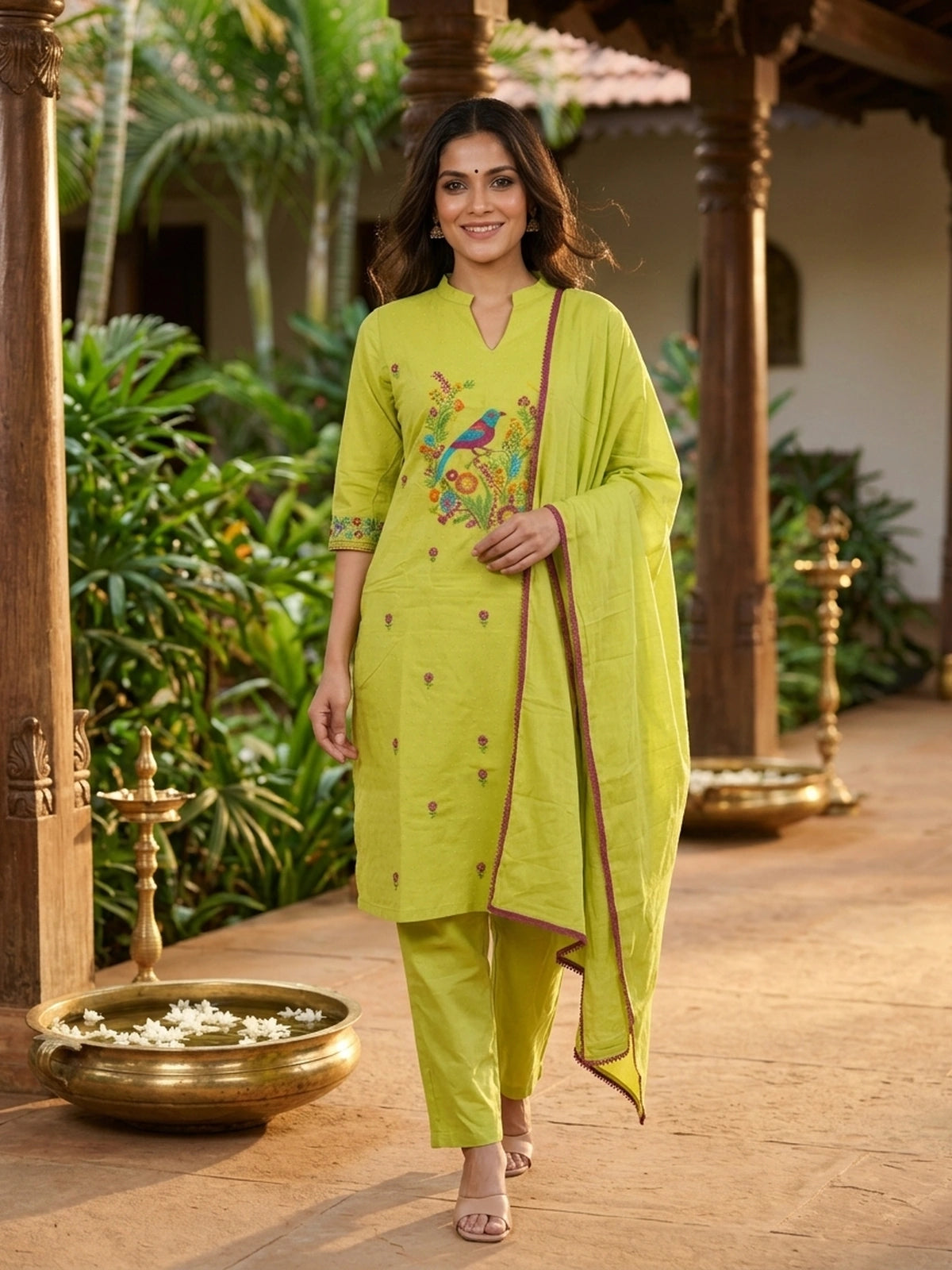 Lime green cotton straight cut kurti set with multicoloured bird embroidery and matching dupatta