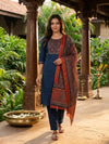 Navy Blue Cotton Mirror Embroidered with Ajrakh Dupatta Straight Cut Kurti Set