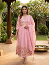 Pink Floral Embroidered Cotton Anarkali Kurti Set