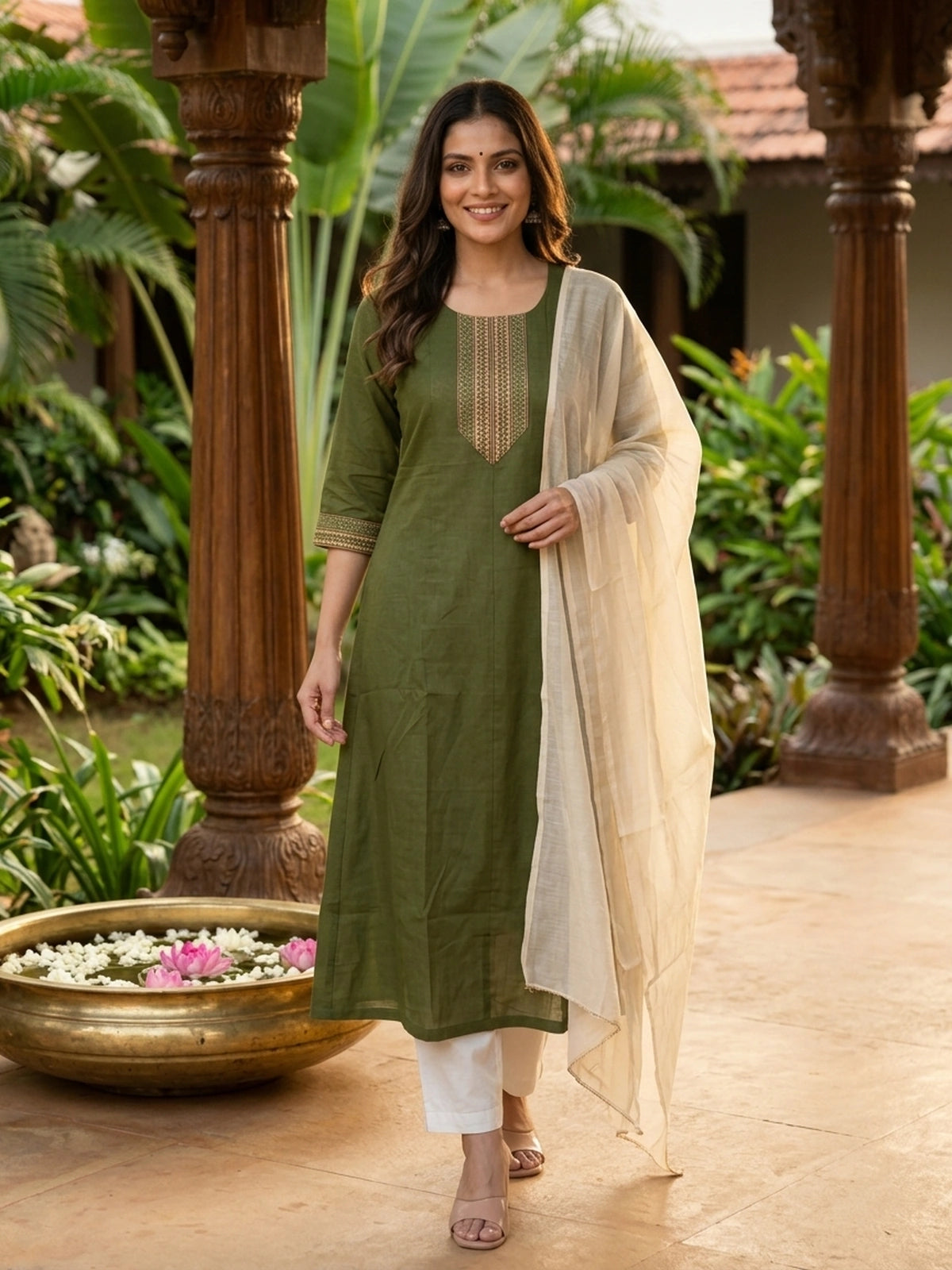 Mehendi green cotton Anarkali kurti top with gold zari embroidered front placket and 3/4th sleeves