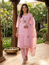 Pink Floral Beadwork Kota Cotton Straight Cut Kurti Set