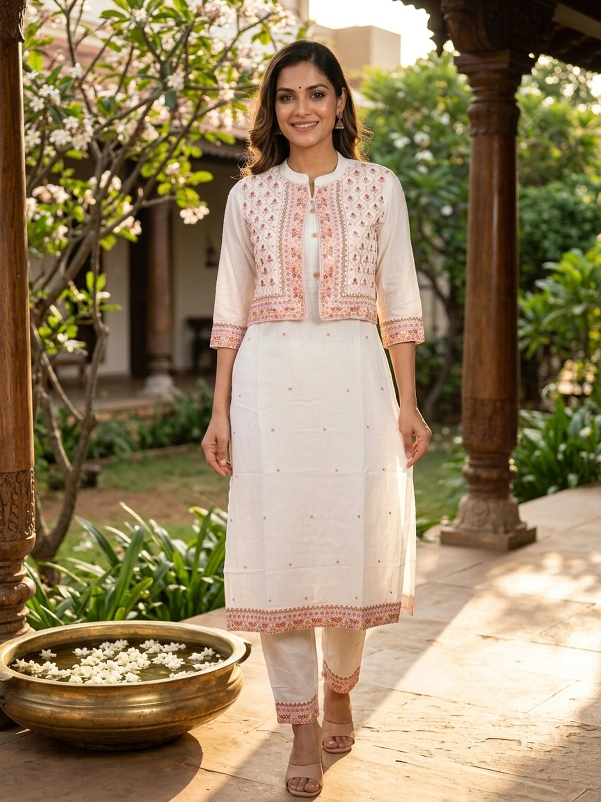 White cotton straight cut kurti set with multicolour embroidered cropped jacket and matching pants