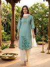 Sea Green Cotton Floral Embroidered Anarkali Top