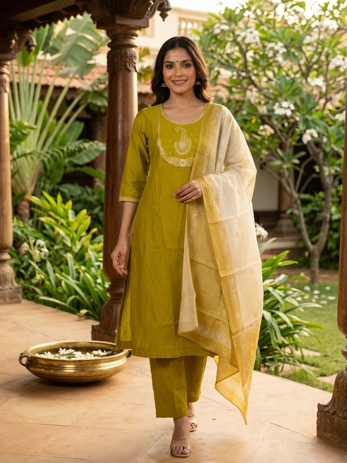 Mehndi green embroidered cotton silk A-line kurti set with cream printed dupatta and straight pants