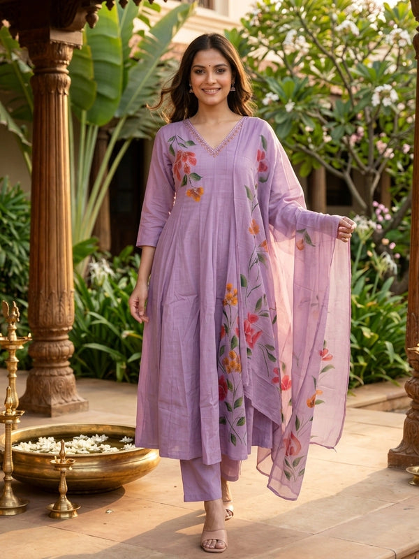 Lilac hand-painted floral Anarkali kurti set with mirror-work neckline and matching dupatta