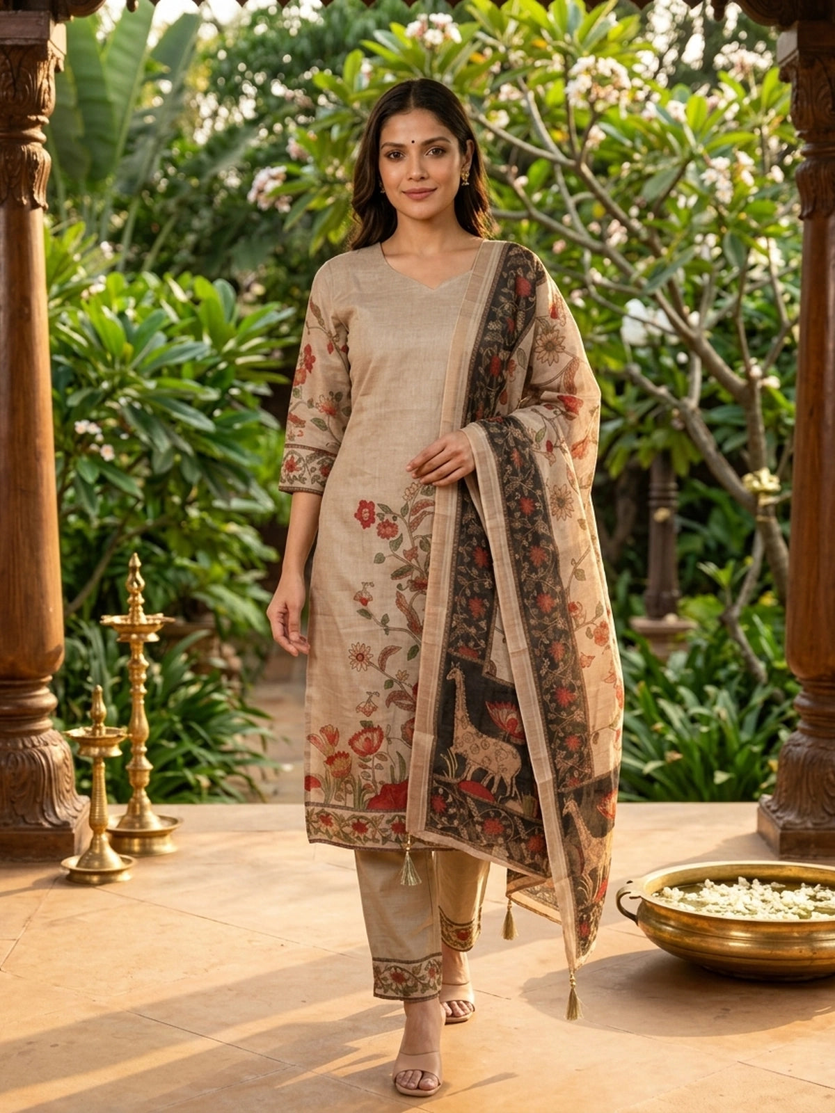 Beige Kalamkari floral cotton straight cut kurti set with black printed dupatta and pants