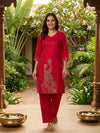 Red Cotton Crane Floral Printed Co-ord Set Kurti Set