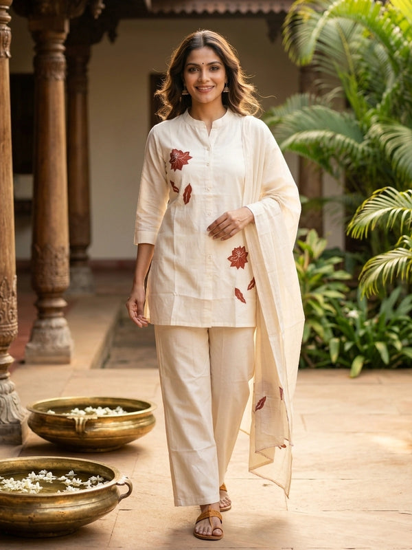 Off-white cotton co-ord set kurti with rust-red floral appliqué and straight pants