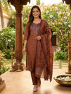 Rust Brown Silk Blend Embroidered Straight Cut Kurti Set