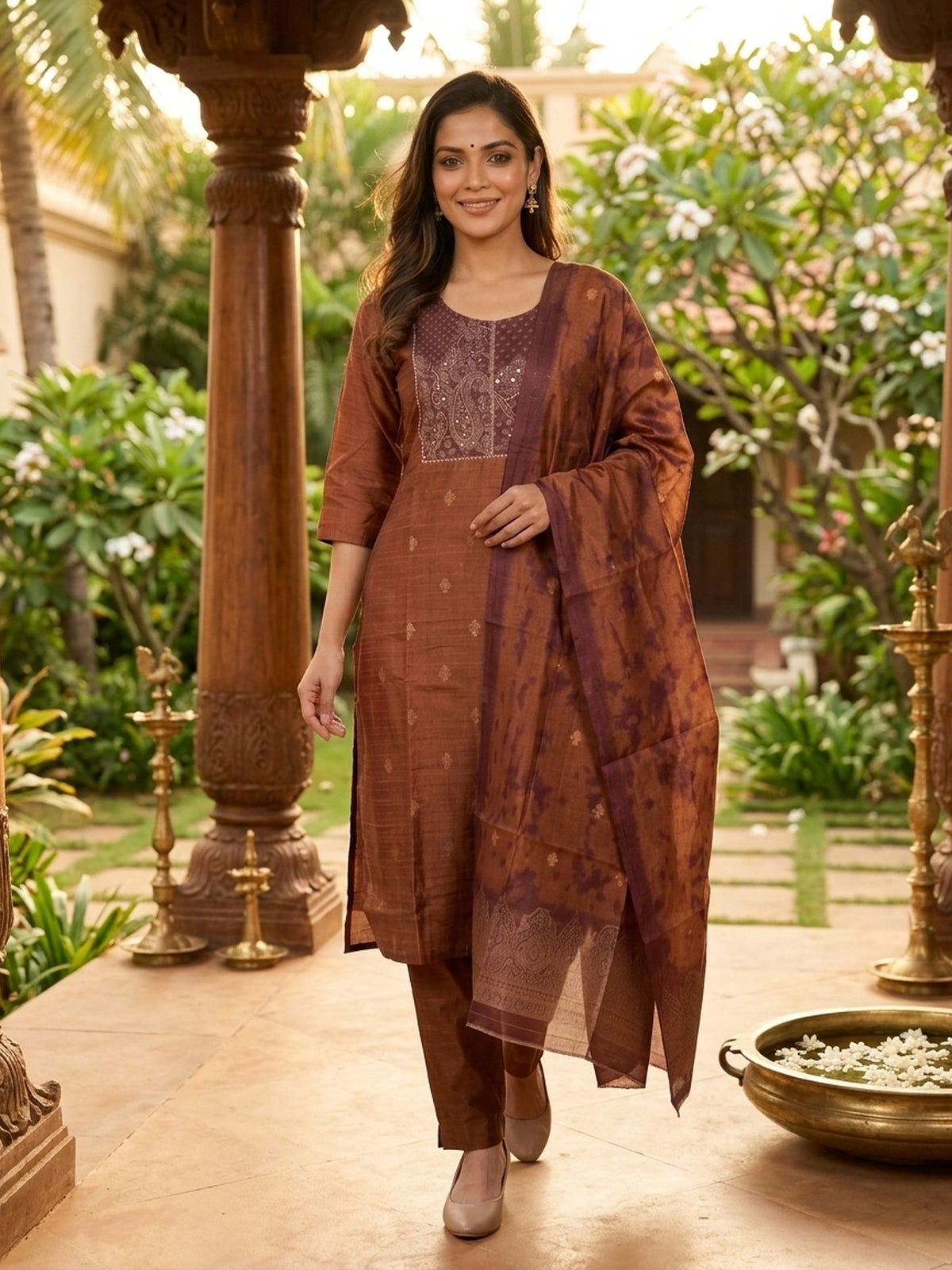 Rust brown silk blend embroidered straight cut kurti set with tie-dye dupatta