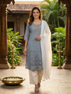 Grey Blue Cotton Zari Embroidered Anarkali Top