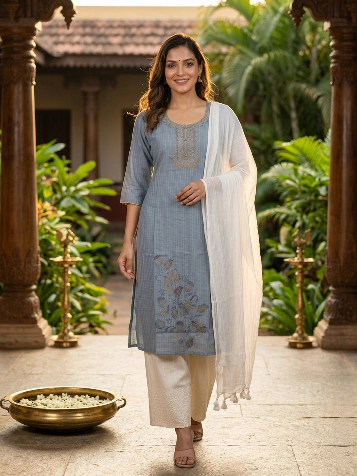 Grey Blue Cotton Zari Embroidered Anarkali Kurti Top with gold floral embroidery