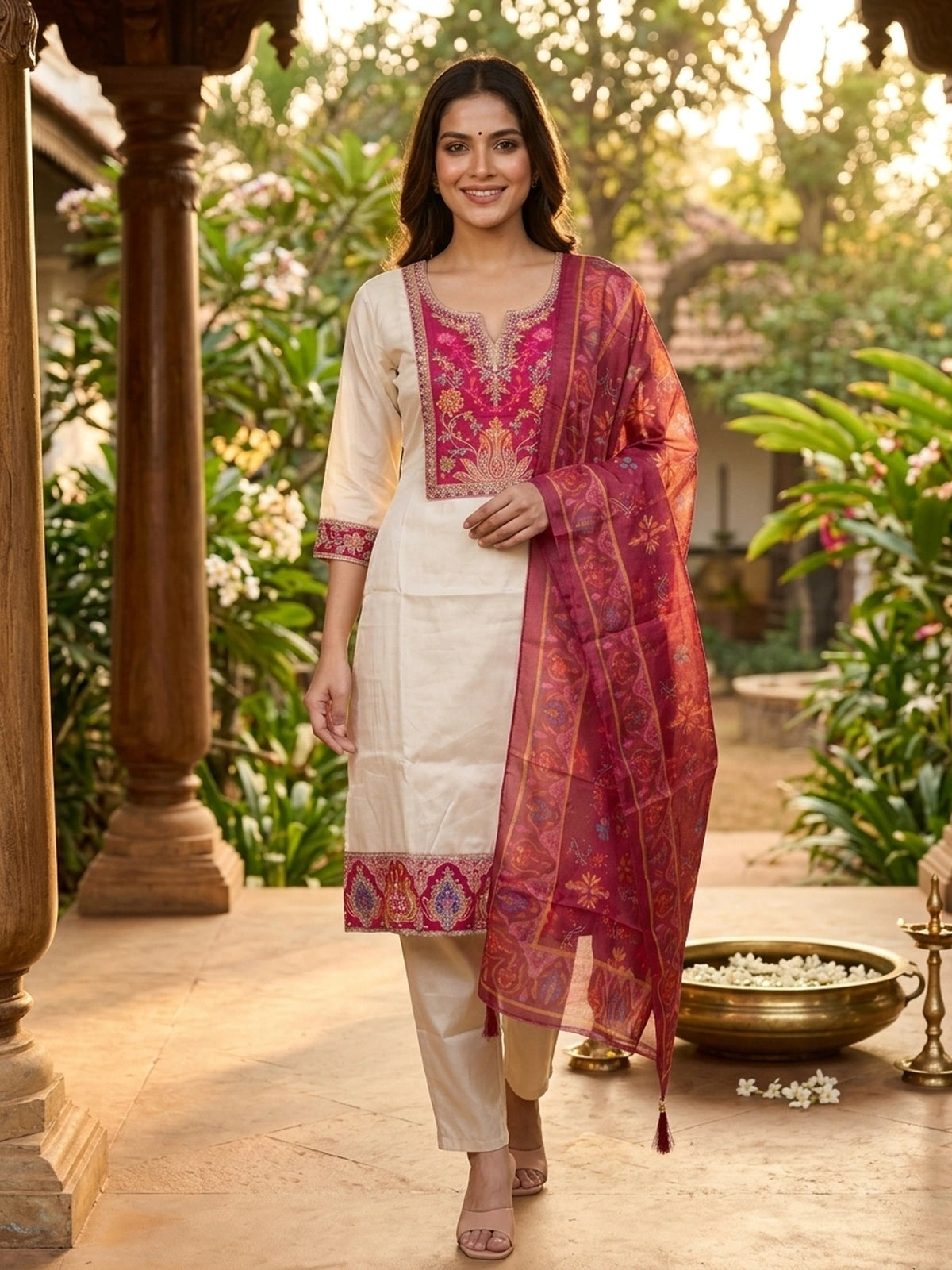 Cream Pink Embroidered Art Silk Straight Cut Kurti Set