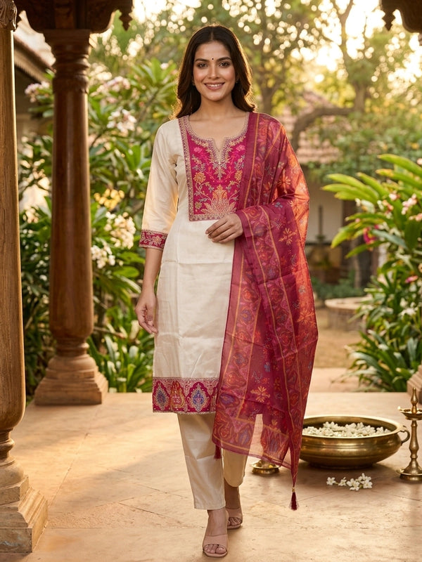 Cream art silk straight cut kurti set with pink embroidered yoke and maroon floral printed dupatta