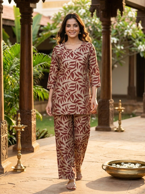 Rust and beige leaf print cotton co-ord set with short kurti and wide-leg pants