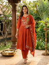 Rust Orange Nature Embroidered Anarkali Kurti Set