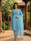 Sky Blue Kota Cotton Floral Beaded Straight Cut Kurti Set