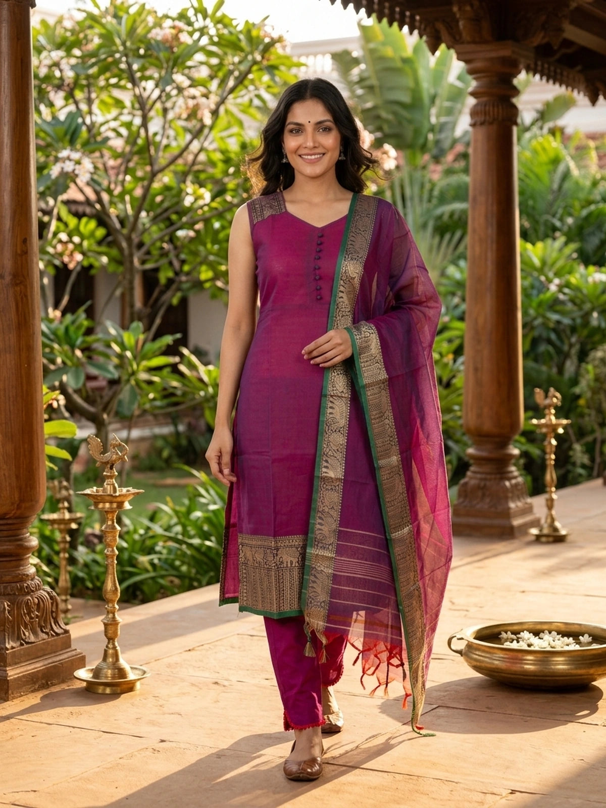 Magenta Cotton Silk Zari Border Straight Cut Kurti Set
