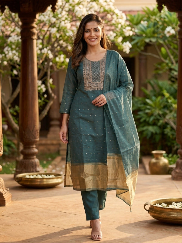 Teal Green Chanderi Silk zari embroidered straight cut kurti set with gold tissue dupatta