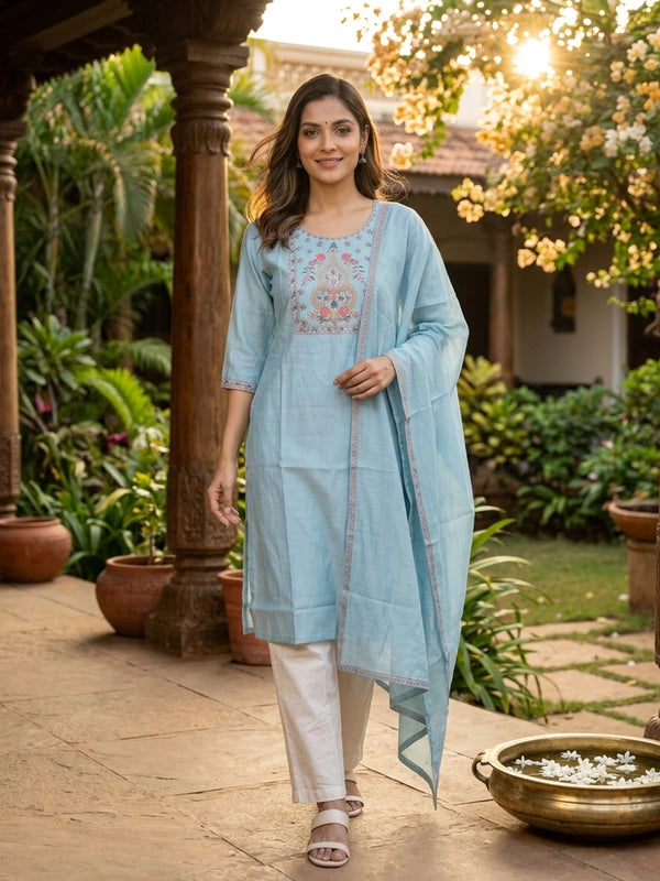 Sky Blue floral embroidered cotton silk straight cut kurti top