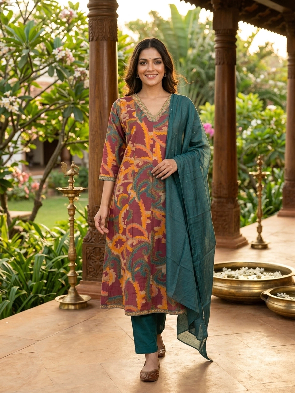 Maroon Multicolour Paisley Print Art Silk A-Line Anarkali Kurti Set