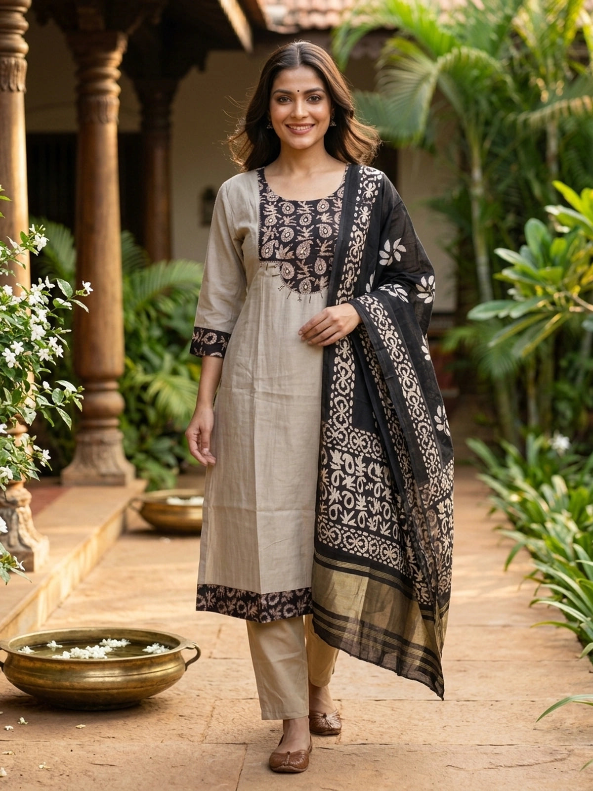 Grey Batik Cotton Mirror Work A-Line Anarkali Kurti Set
