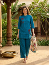 Teal Blue Cotton Floral Embroidered Co-ord Set Kurti Set