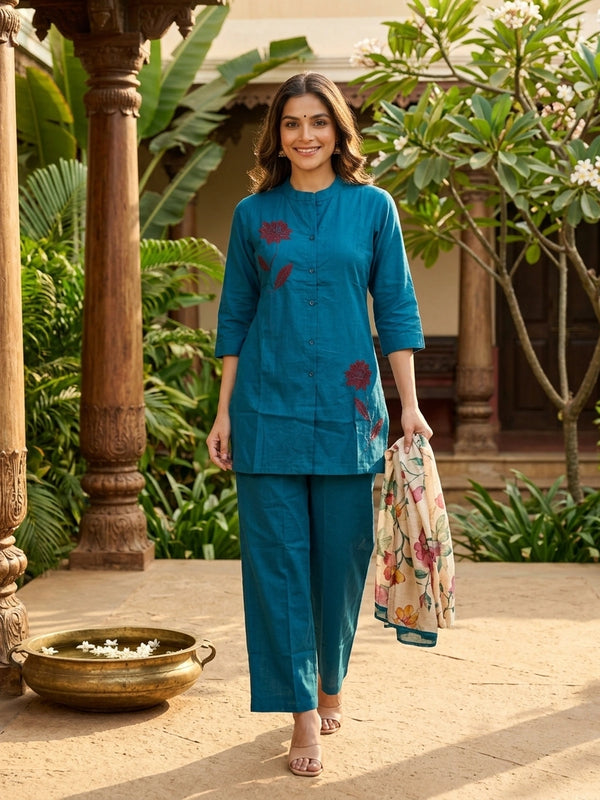 Teal Blue Cotton Floral Embroidered Co-ord Kurti Set with maroon lotus applique