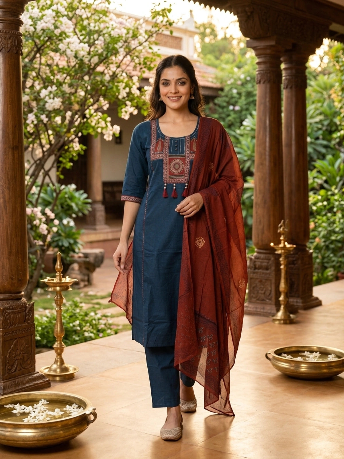 Teal Blue cotton straight cut kurti set with maroon mirror work embroidered yoke and block-printed dupatta