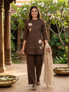 Brown Floral Applique Cotton Co-ord Set Kurti Set