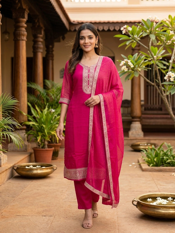 Rani Pink zari embroidered chiffon straight cut kurti set with bandhani dupatta