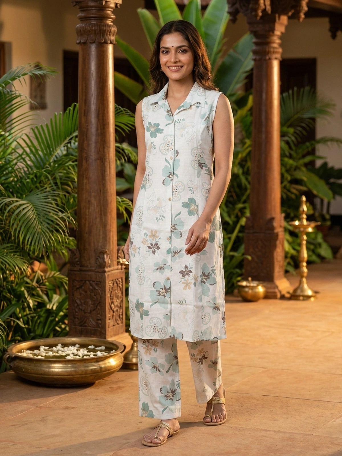 White floral printed cotton co-ord set with sleeveless collared kurti and matching straight pants