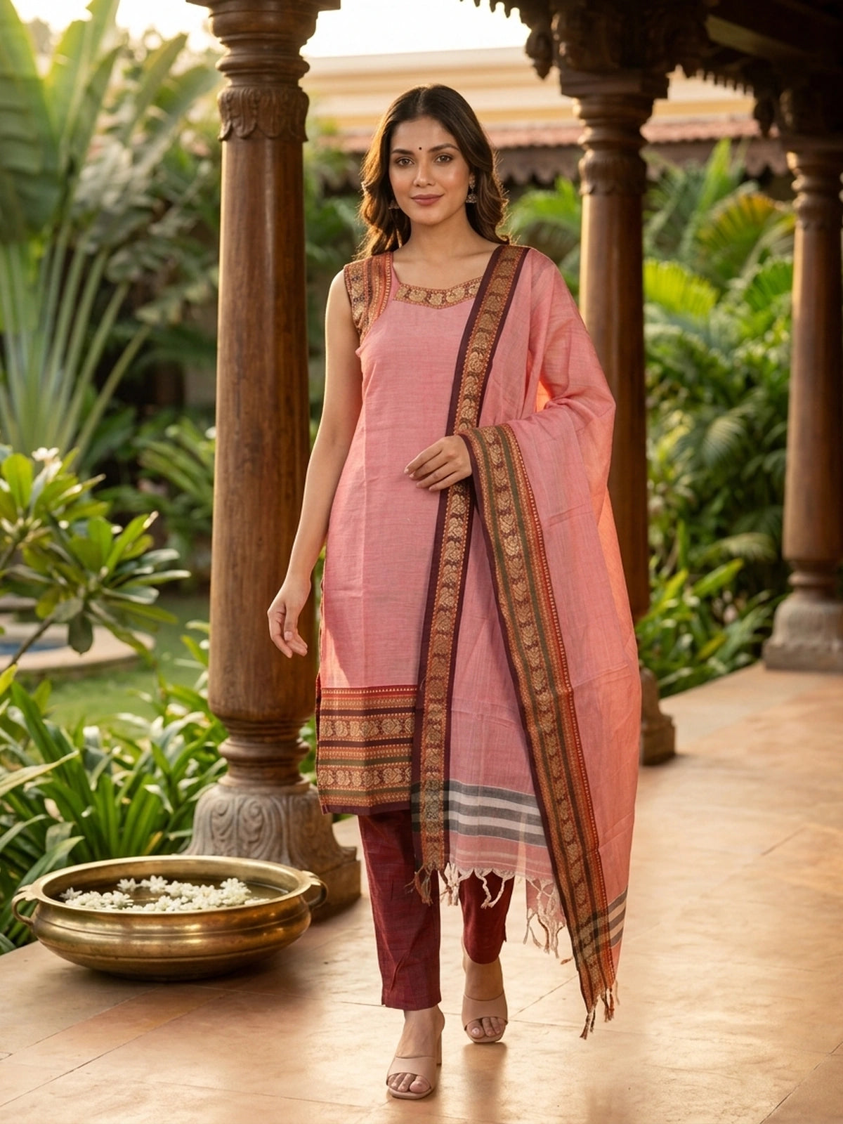 Rose Pink Handloom Cotton Peacock Border Straight Cut Kurti Set