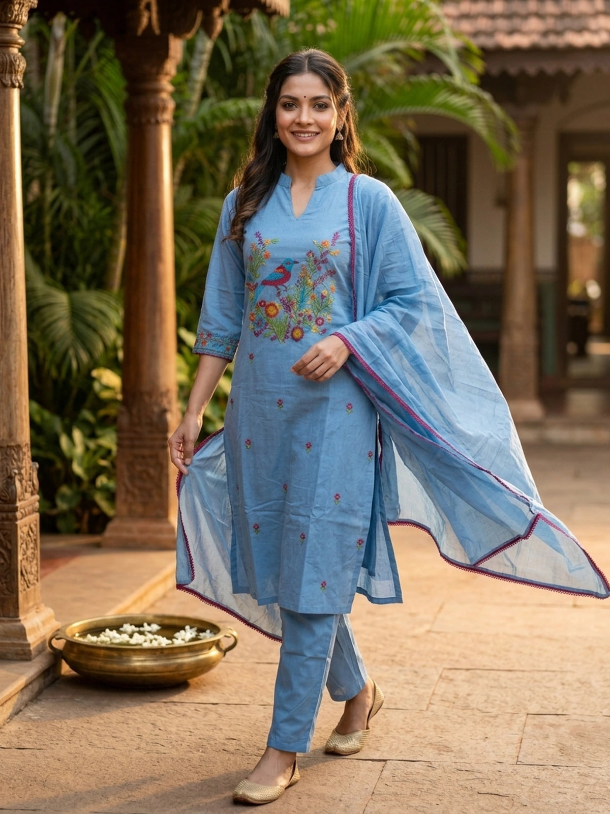 Sky Blue Cotton Bird Embroidered Straight Cut Kurti Set