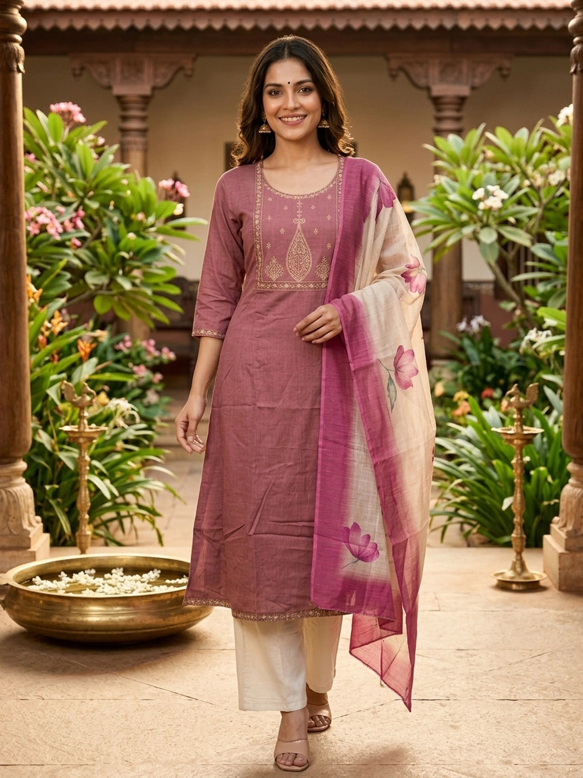 Dusty Mauve Zari Embroidered Cotton Anarkali Top