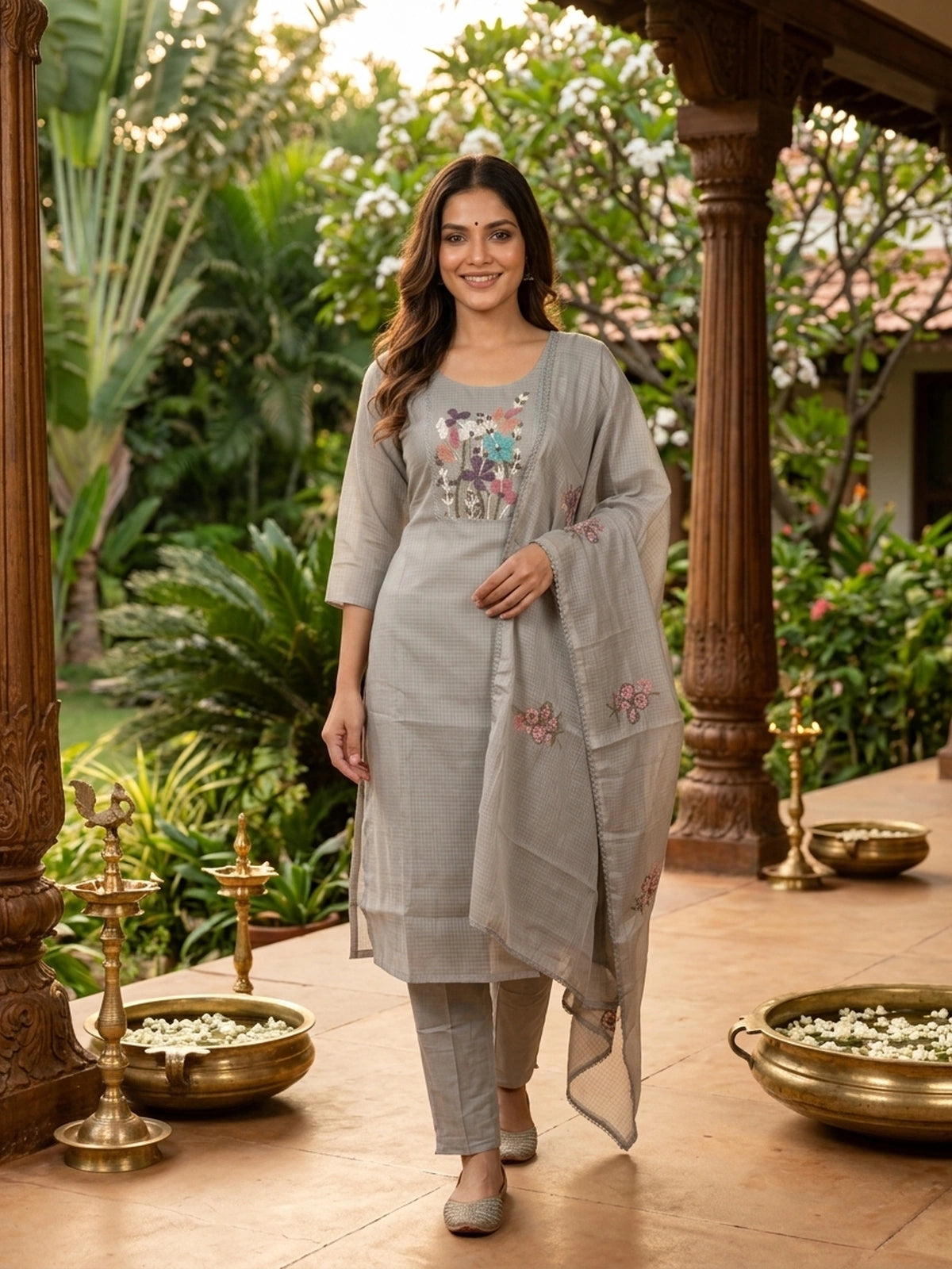 Grey floral beadwork Kota straight cut kurti set with pants and embroidered dupatta
