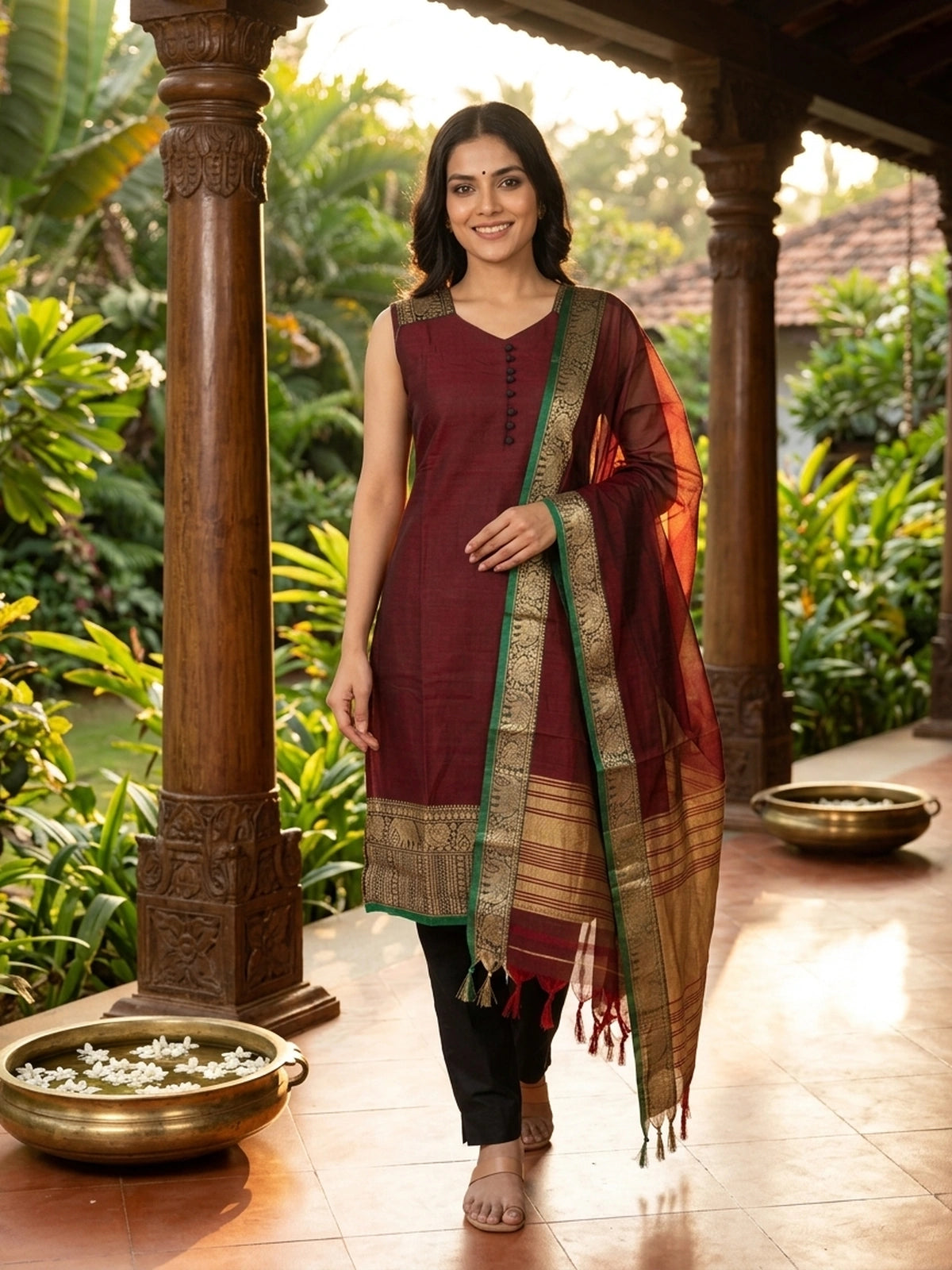 Maroon cotton silk straight cut kurti set with gold zari elephant border and dupatta