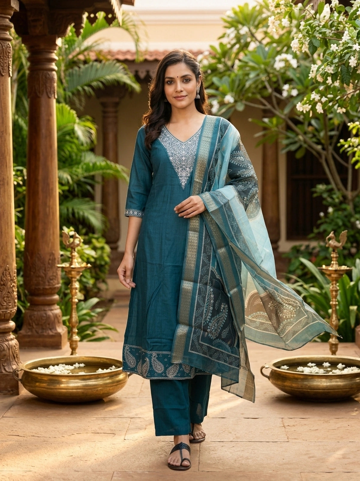 Teal cotton silk paisley embroidered A-Line kurti set with printed dupatta and matching pants